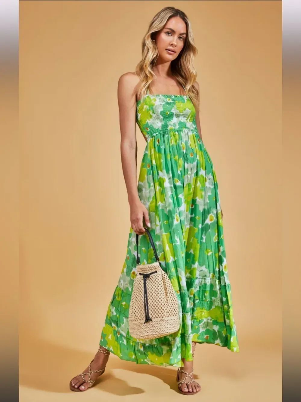 Tiara Hawaii Women's Bellini Floral Maxi Dress in Watercolor Dreams Green XS/SM
